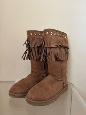 Ugg x Jimmy Choo Boots Sora Studded Fringe Suede Chestnut US 8